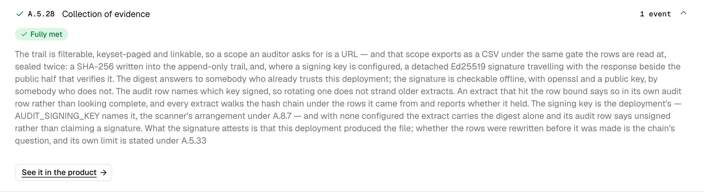 The A.5.28 Collection of evidence row on the compliance page, opened, carrying the Fully met badge above its description: extracts sealed by a digest in the append-only trail and, where the deployment holds a signing key, a detached Ed25519 signature, with every extract reporting whether the hash chain held.