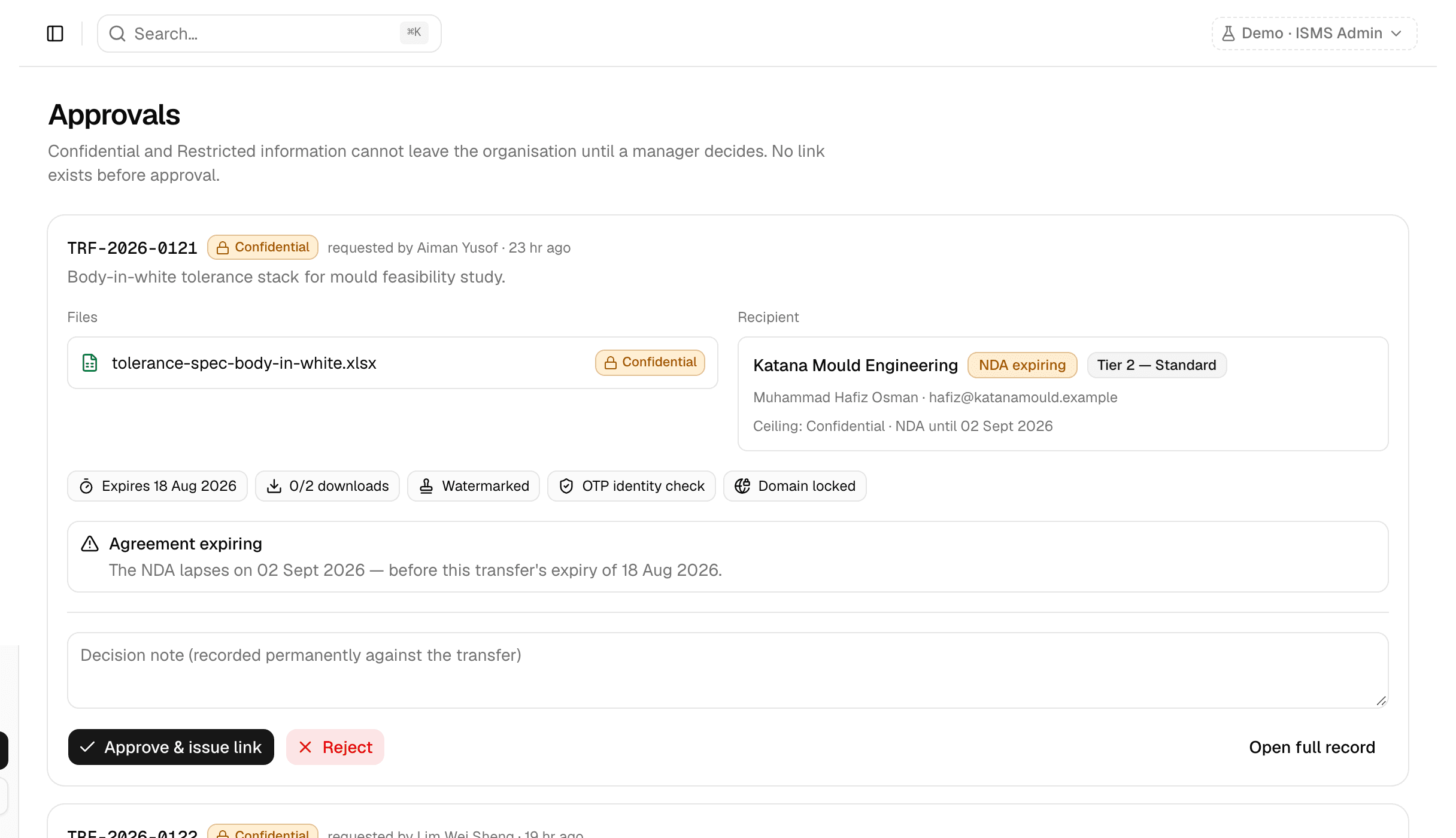 A release awaiting decision, showing its files, the recipient and their agreement status, the policy applied, a warning that the agreement expires before the transfer does, and Approve and Reject controls.