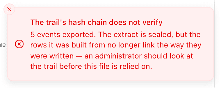 A red toast headed “The trail’s hash chain does not verify”, saying five events were exported and sealed but that the rows they were built from no longer link the way they were written, and that an administrator should look at the trail before the file is relied on.