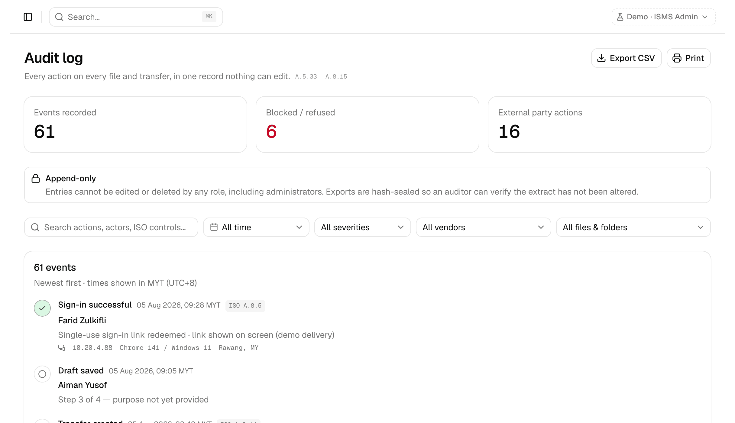 The audit log as a sender reads it, narrowed to the acts recorded against them.