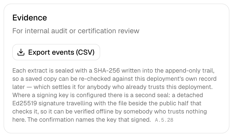 The Evidence card on a release, with an Export events (CSV) button and a paragraph describing the SHA-256 written into the append-only trail and the detached Ed25519 signature that travels with the file where a signing key is configured.