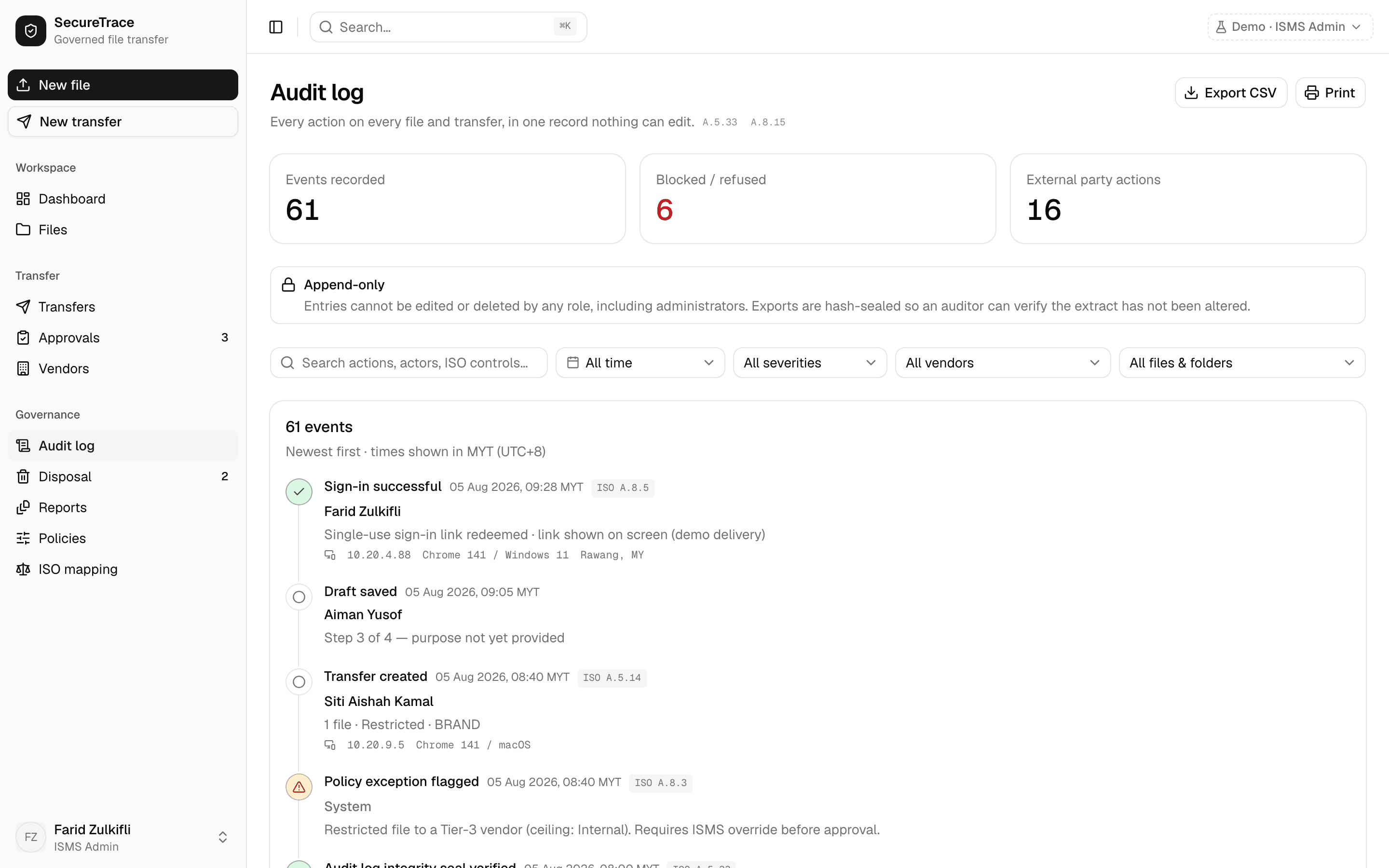 The audit log, showing recorded events with their ISO control, actor, record and severity.