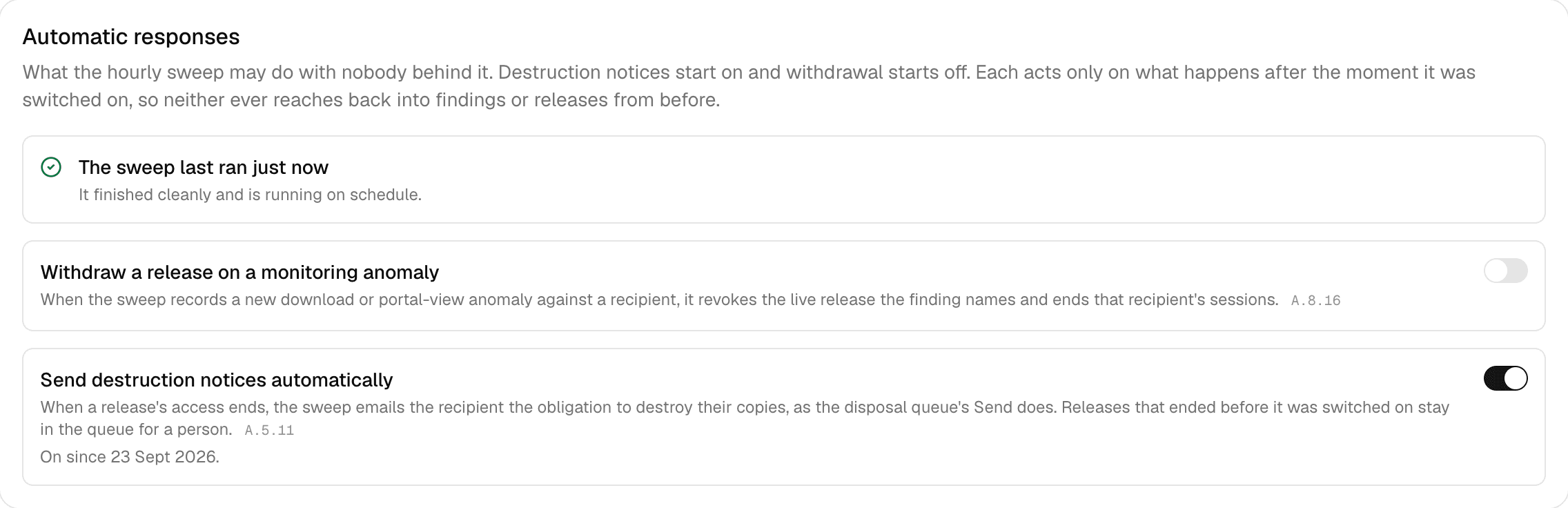 The Automatic responses card: the sweep status row, then a switch labelled Withdraw a release on a monitoring anomaly, turned off, then a switch labelled Send destruction notices automatically, turned on, with On since 23 Sept 2026.