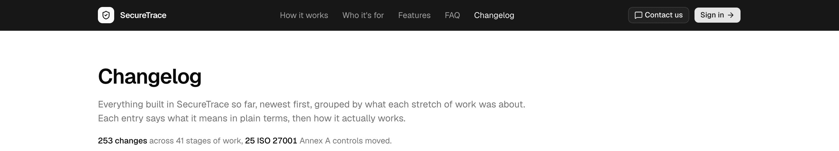 The changelog page under a dark header: the SecureTrace wordmark, links to How it works, Who it's for, Features, FAQ and Changelog with Changelog lit, and Contact us and Sign in buttons.