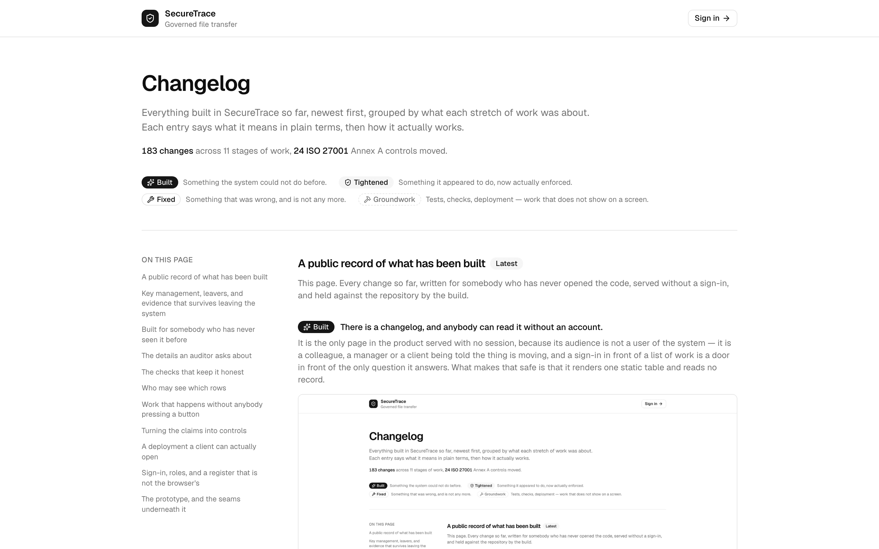 The public changelog: a heading, a one-line count of changes and controls moved, the four-word legend, and a contents rail listing the stages of work.