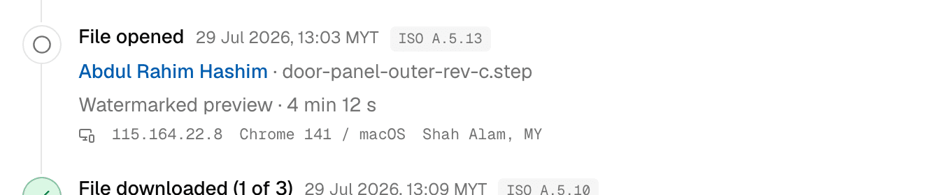 Two entries from a transfer's timeline: a file opened and a file downloaded, each with the person, the time, the ISO control and the address.