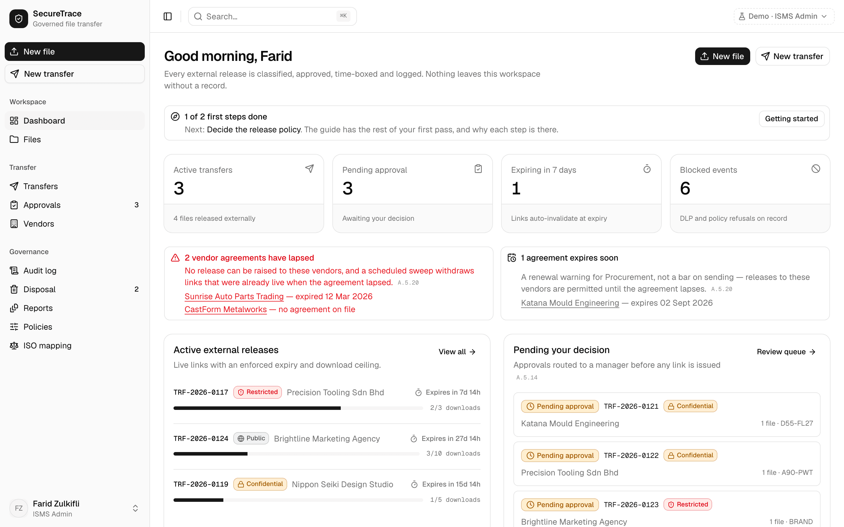 The SecureTrace dashboard, showing figure tiles, lapsed agreements, active releases and the approval queue.