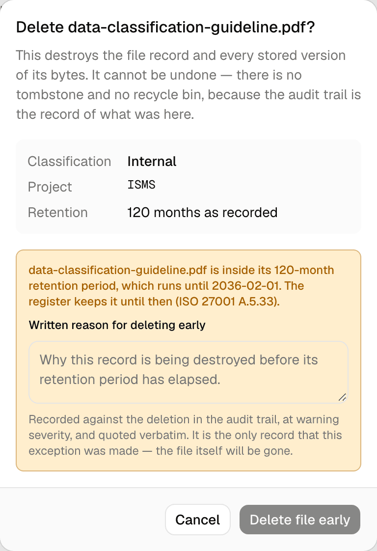 A confirmation dialog headed “Delete this file?”, naming the file, its classification and its project, with the destruction warning underneath.