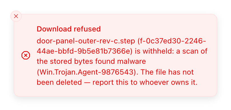 A file page with a red toast reading that the file is withheld because a scan of the stored bytes found malware, naming the signature, and saying the file has not been deleted.