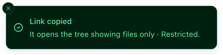 A toast reading “Link copied — It opens the tree showing files only · Restricted.”