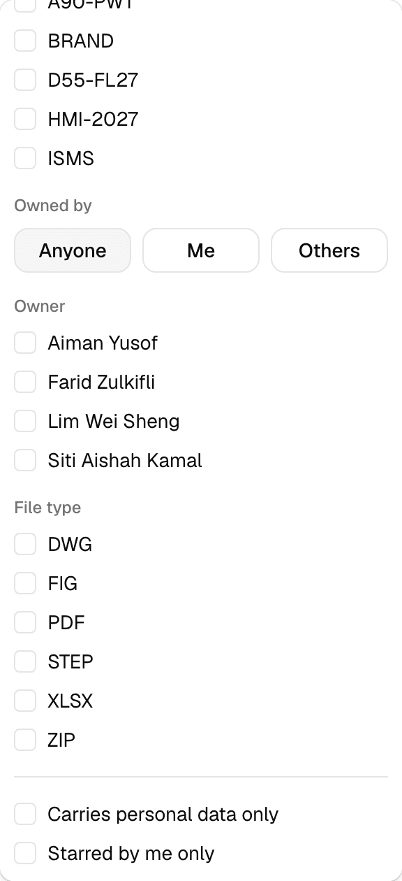 The filter popover showing an Owned by control set to Anyone with Me and Others beside it, a list of four owners, and a File type list offering DWG, FIG, PDF, STEP, XLSX and ZIP.