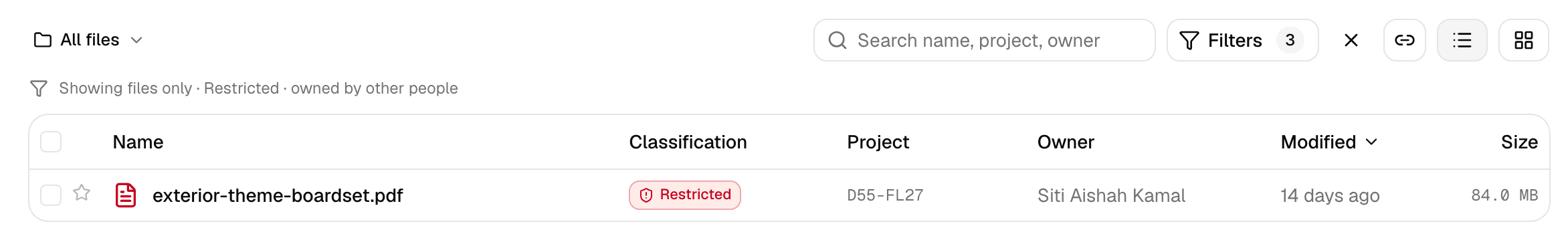 The Files toolbar with the Filters trigger showing a count of three and a line reading “Showing files only · Restricted · owned by other people”, above the single file that matches.