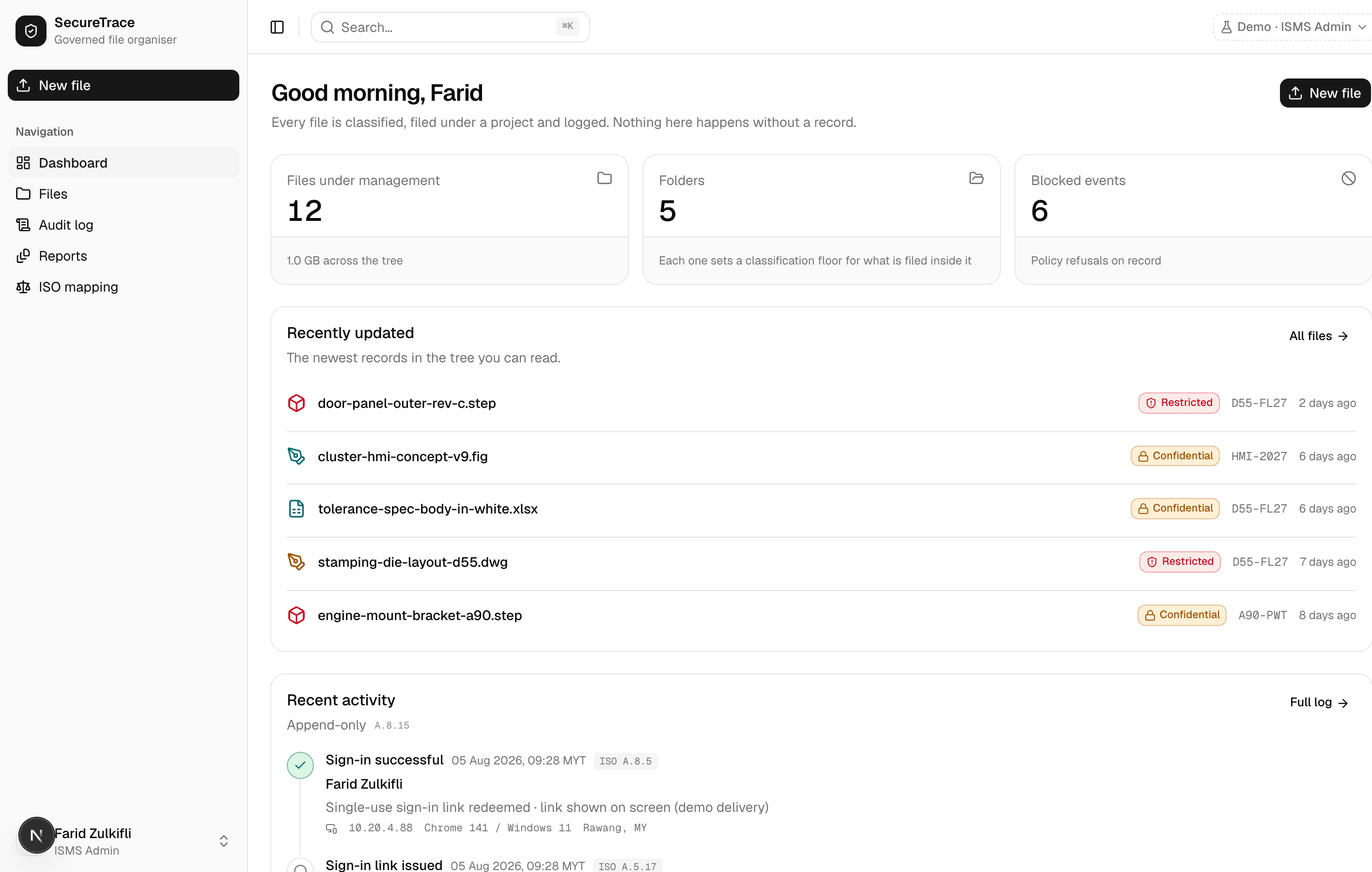The dashboard on a files-only deployment: a sidebar with one New file button and five destinations, three tiles counting files, folders and blocked events, and a Recently updated card listing the newest records.