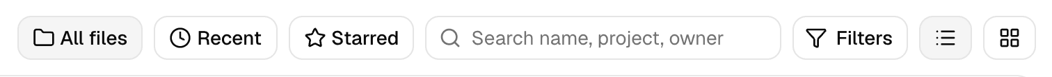 A toolbar row: All files, Recent and Starred as chips, then the search box, a Filters button and the list/grid toggle.