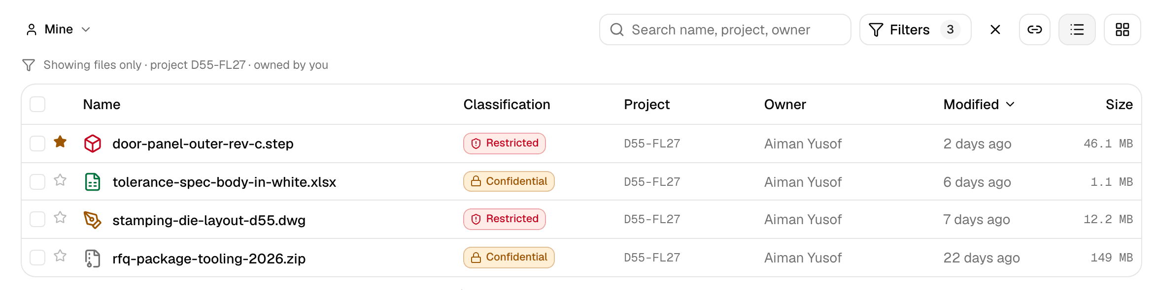 The toolbar reading “Mine” with a line under it saying “Showing files only · project D55-FL27 · owned by you”, above four files all in that project.