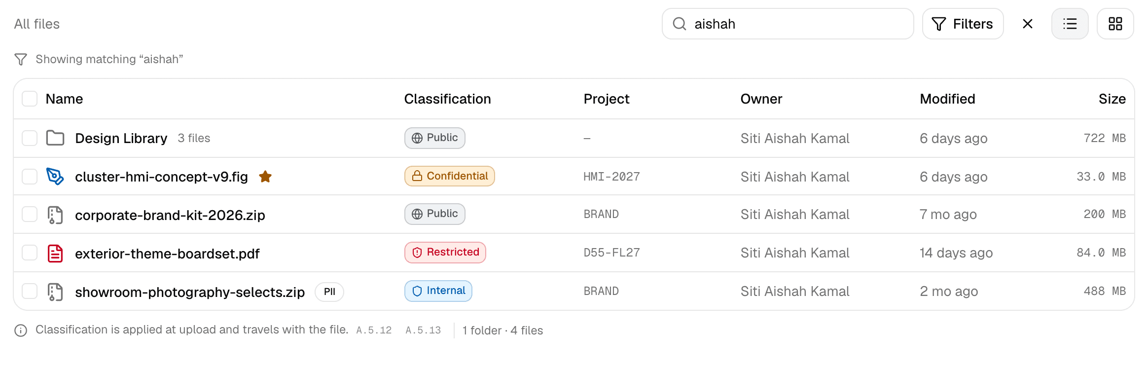 The file tree filtered to one owner: a folder and four files, spread across four project codes and four classifications, with the search box reading “aishah” and a line under it saying “Showing matching aishah”.