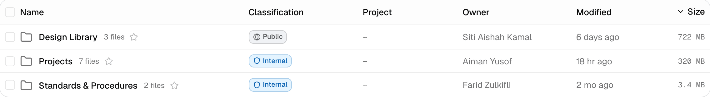 The file table sorted by Size descending, the header carrying a chevron, with three folders reading 722 MB, 320 MB and 3.4 MB.