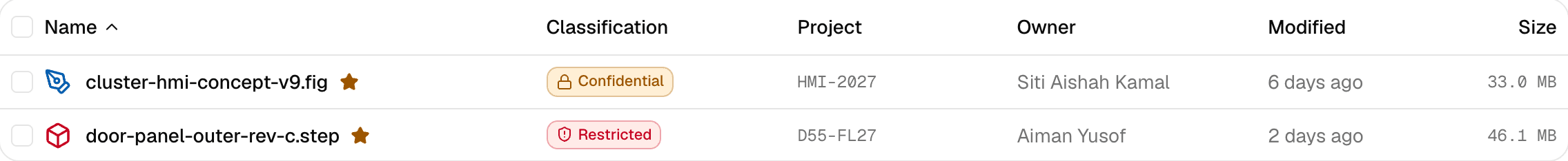 Two starred files listed under a “Showing starred by you” line, each with a gold star beside its name, spread across two projects and two classifications.
