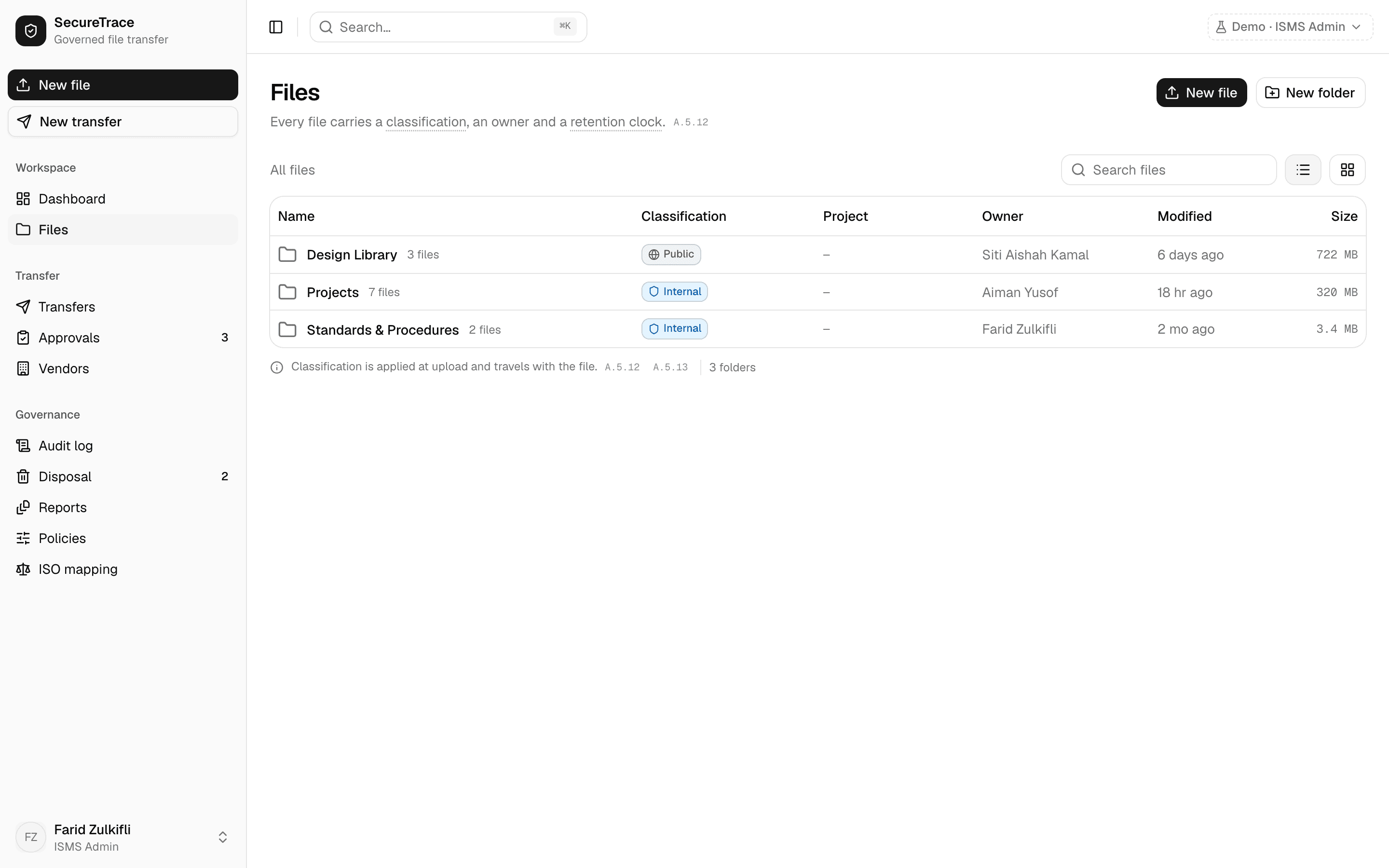 The file browser, showing folders and files with classification badges and project codes.