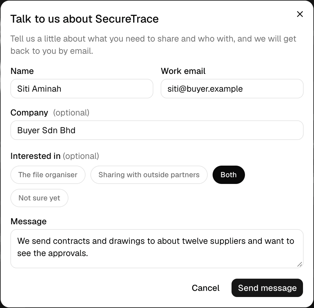 A dialog headed Talk to us about SecureTrace, with fields for name, work email, company, a choice of what the visitor is interested in with Both selected, a message, and Cancel and Send message buttons.