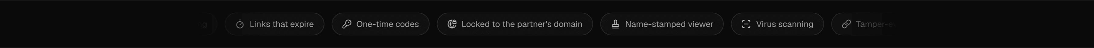 The dark feature strip on a wide window: rounded pills reading Links that expire, One-time codes, Locked to the partner's domain, Name-stamped viewer and Virus scanning, fading out at both ends within the page's content width.