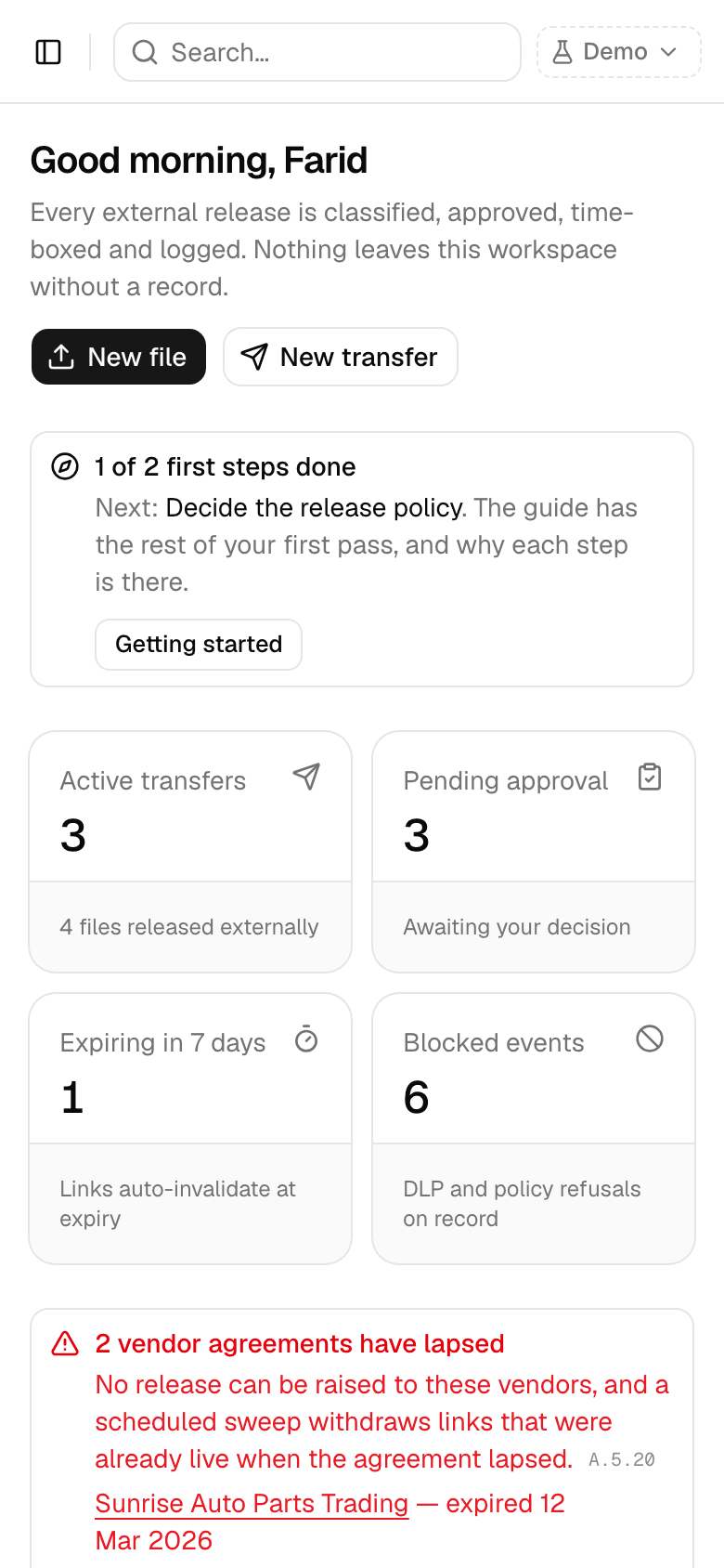 The SecureTrace dashboard rendered on a phone-sized screen, with the figure tiles stacked two to a row.