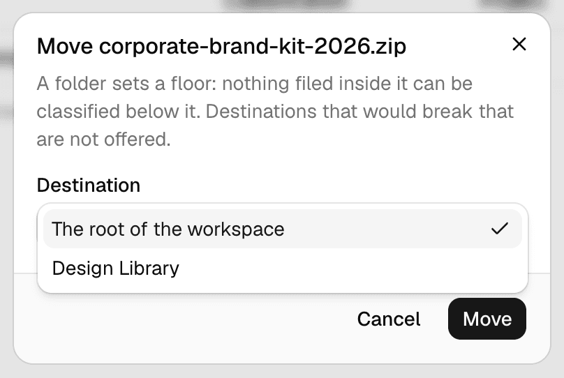 The move dialog for a Public file, with its destination list open showing exactly two entries: the root of the workspace, and Design Library.