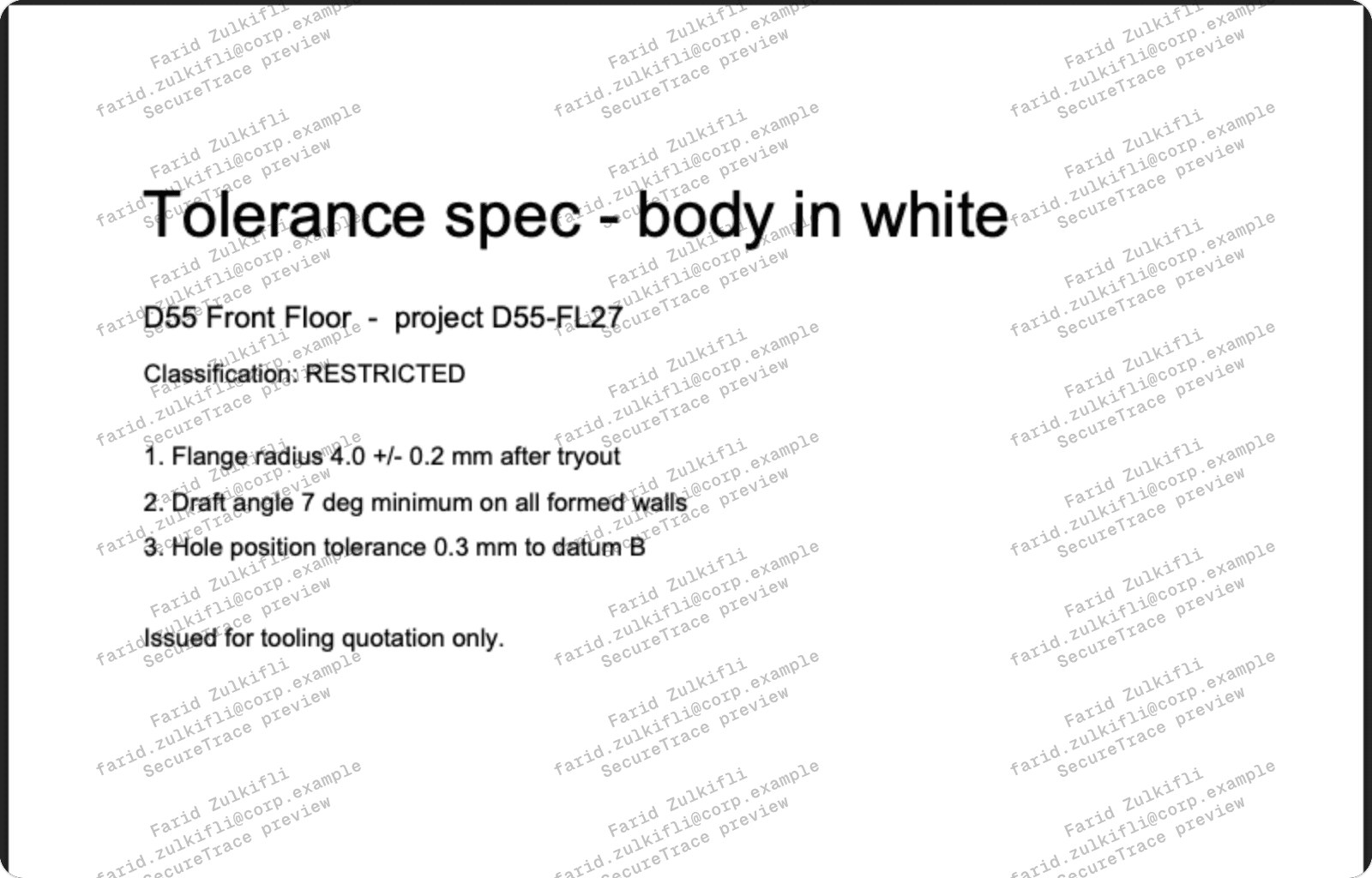 A tolerance specification rendered in the preview panel, its text legible through a repeating diagonal watermark carrying the reader’s name and address.