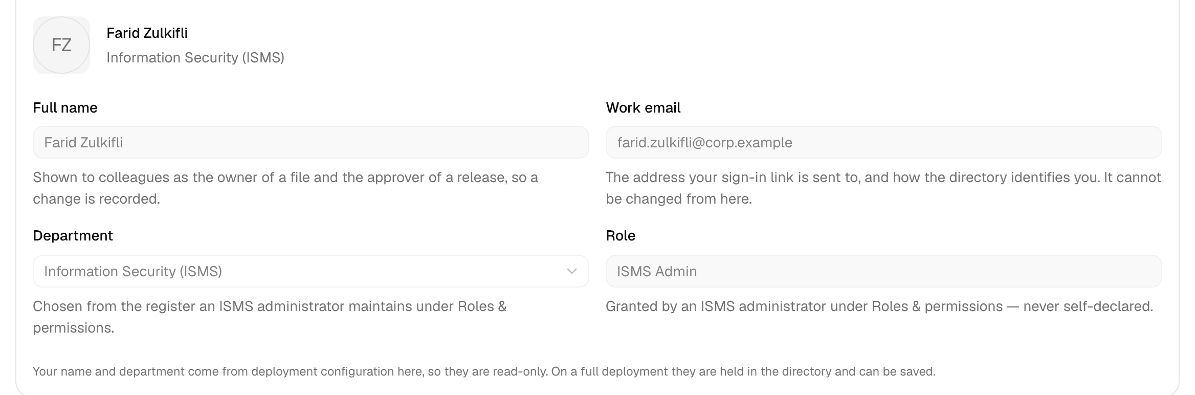 The profile form, with editable name and department fields and read-only work email and role fields.