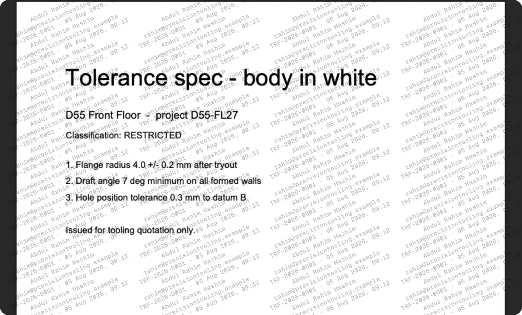 A tolerance specification open in the recipient portal, covered by a dense watermark carrying the recipient’s name, their email address and the release reference.