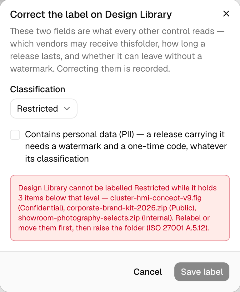The same dialog on the Design Library folder, with a red panel saying it cannot be labelled Restricted while it holds three items below that level, naming each file and its classification.