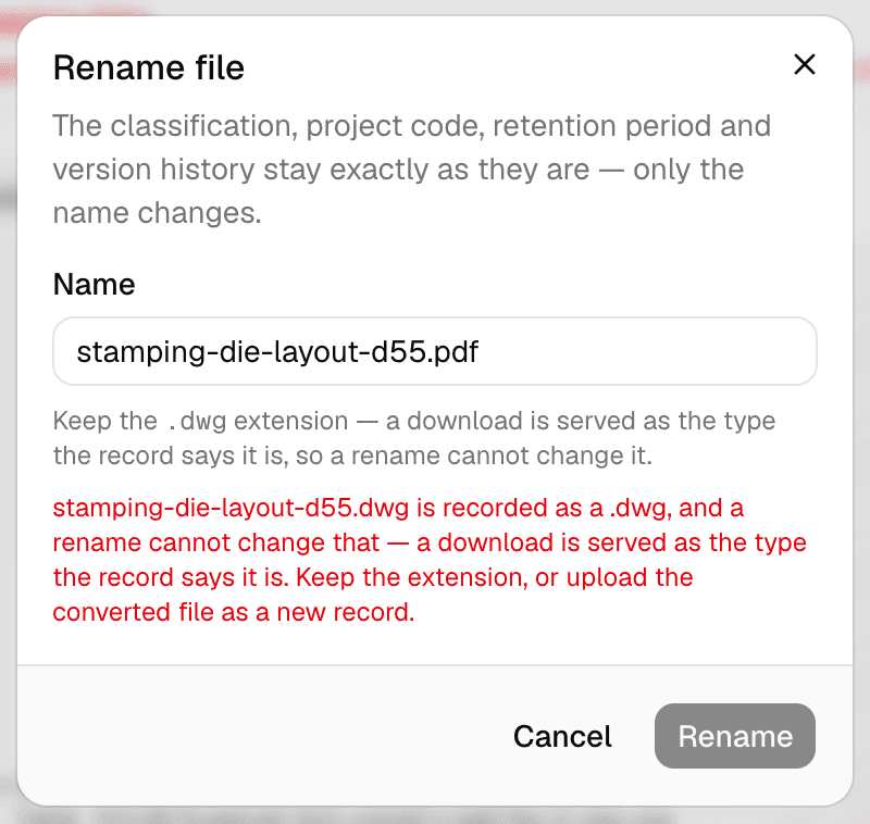 The rename dialog with “stamping-die-layout-d55.pdf” typed into it, a red sentence refusing the change, and the Rename button greyed out.