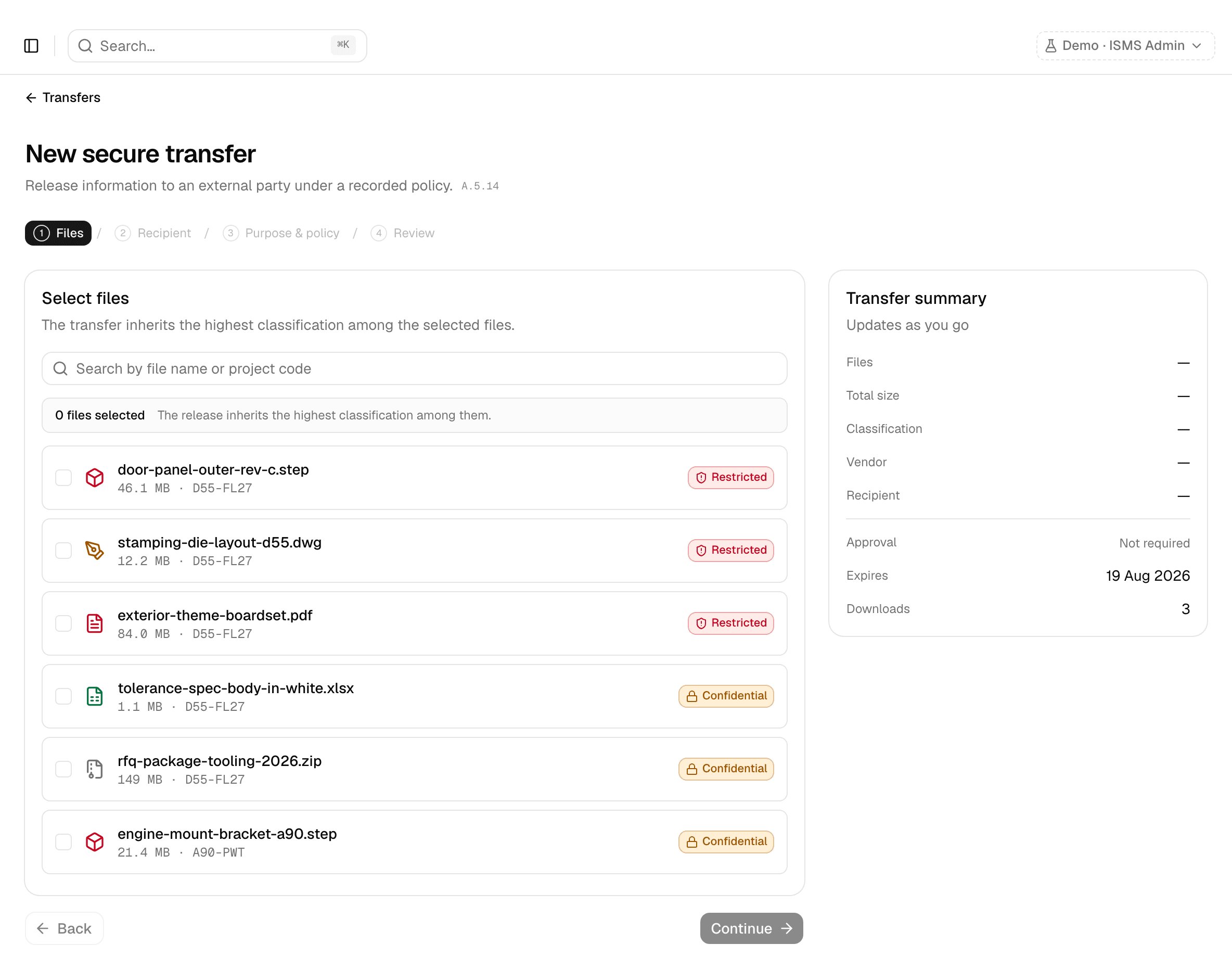 The first step of the send wizard, choosing which files a release will carry.