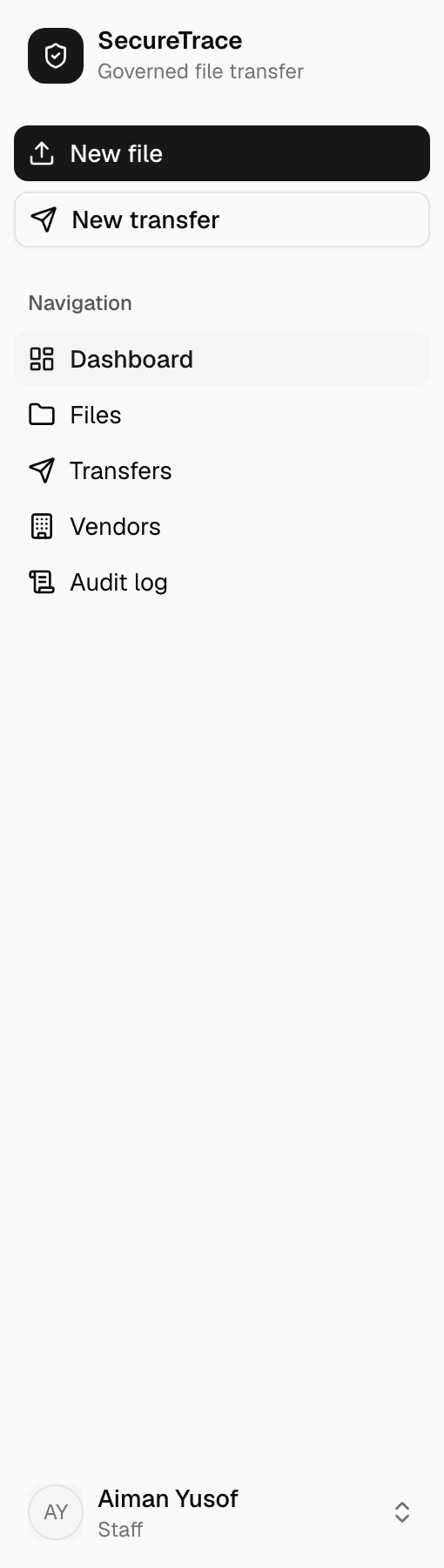 The sidebar as a sender sees it: two action buttons, then five destinations under a single heading reading Navigation.