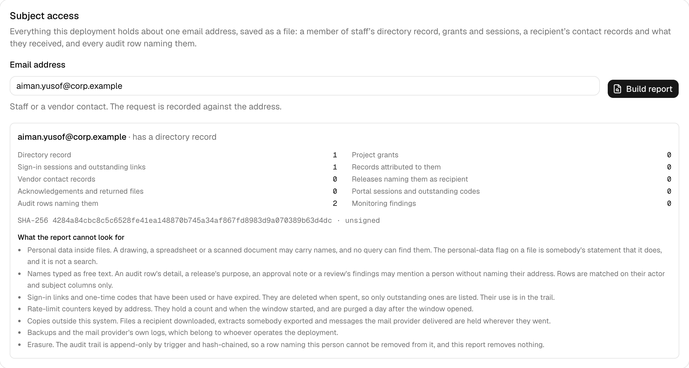 The Subject access card on the Roles and permissions tab of Settings, after a report was built for aiman.yusof@corp.example: a two-column list of counts per section, including one directory record, one sign-in session and two audit rows naming them, then the report's SHA-256 digest marked unsigned, then a bulleted list headed What the report cannot look for.