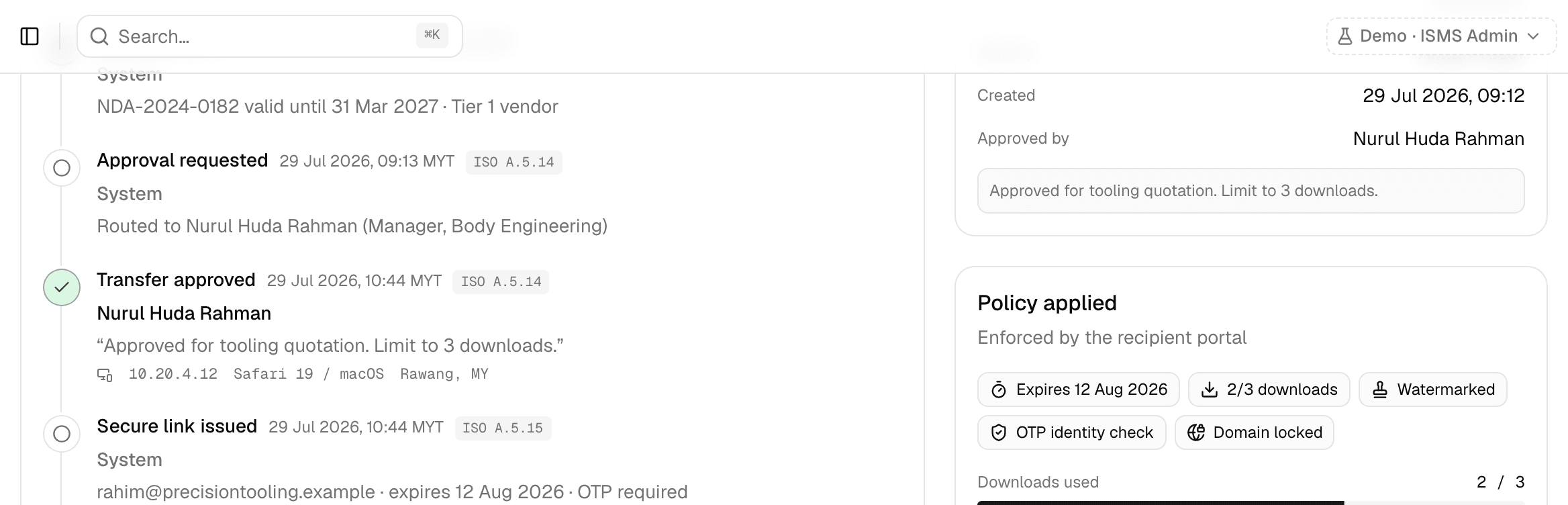 A transfer record, showing its reference, recipient, classification, the policy applied and the decision controls.