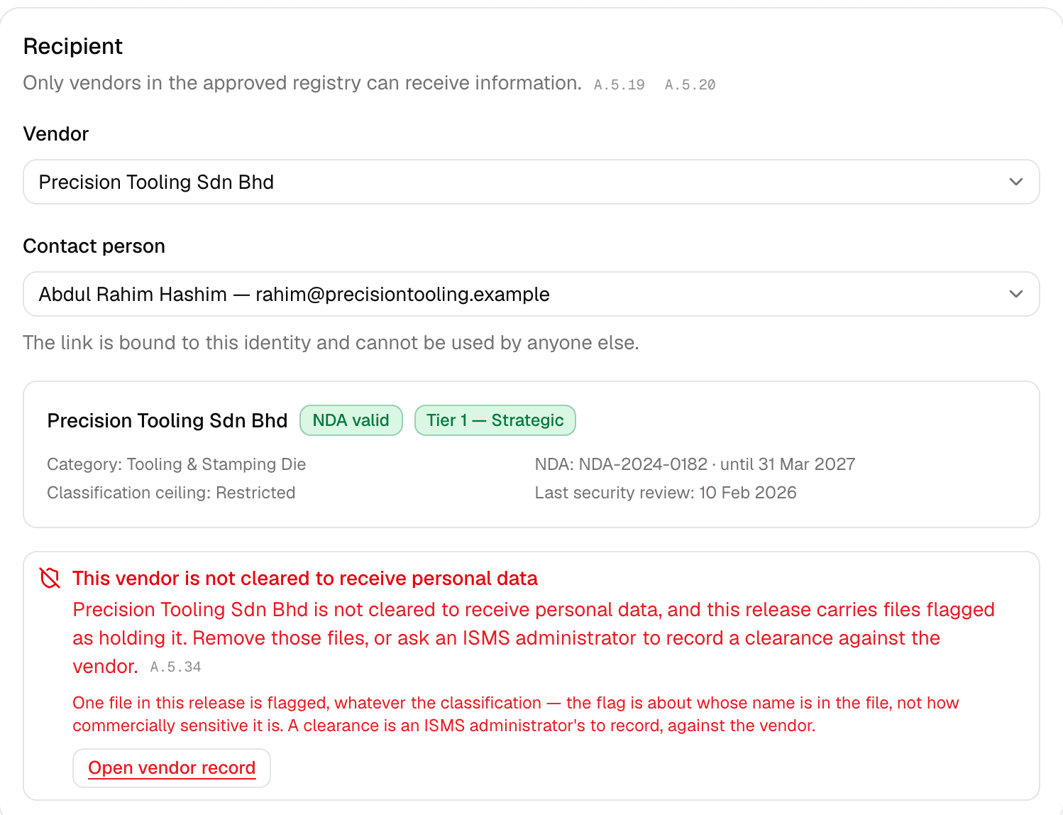 The Recipient step of the send wizard with Precision Tooling Sdn Bhd and a verified contact chosen, above a red alert headed “This vendor is not cleared to receive personal data” naming the vendor, the two ways out, and an Open vendor record button.