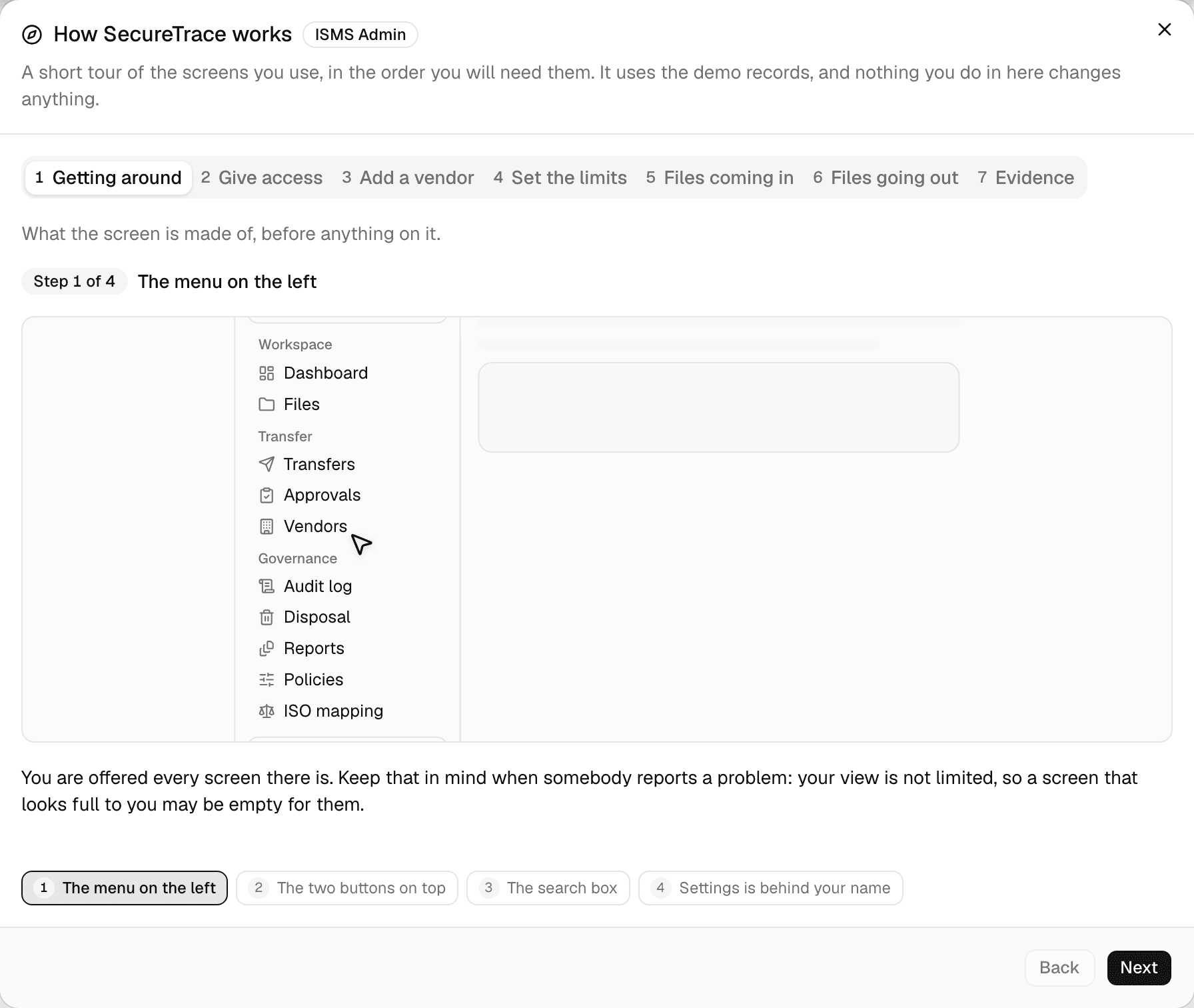 The walkthrough dialog, showing a chapter strip along the top and a zoomed view of the product's sidebar.