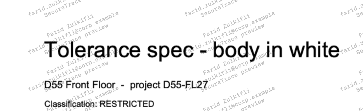 A close crop of a document heading with the repeating identity watermark crossing it, both clearly readable.