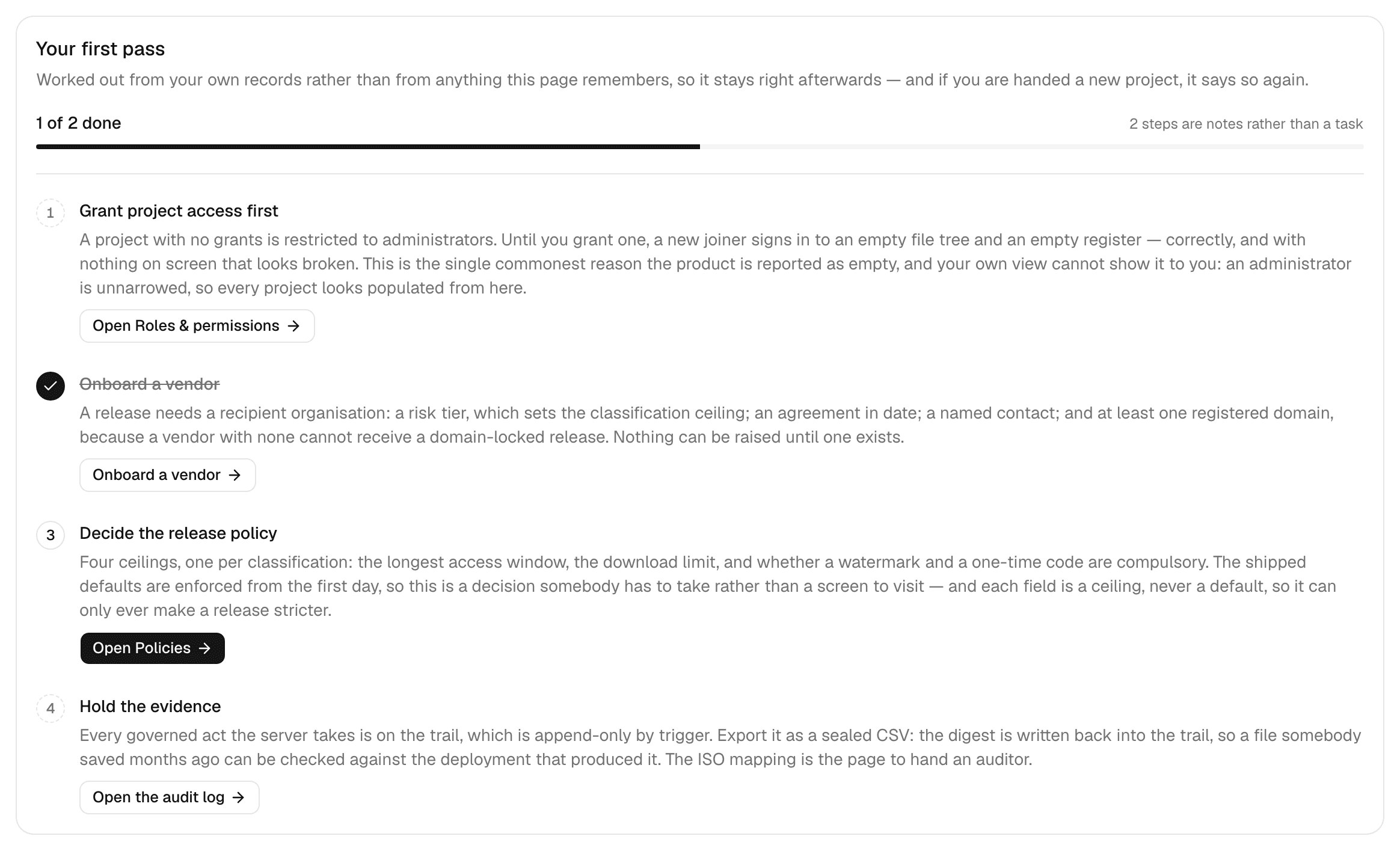 The getting-started checklist, showing numbered steps with ticks against the ones already done.